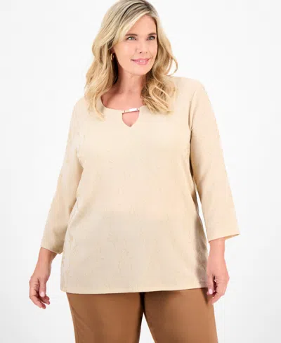 Jm Collection Plus Size Metallic Jacquard 3/4-sleeve Top, Macy's Exclusive In Gold