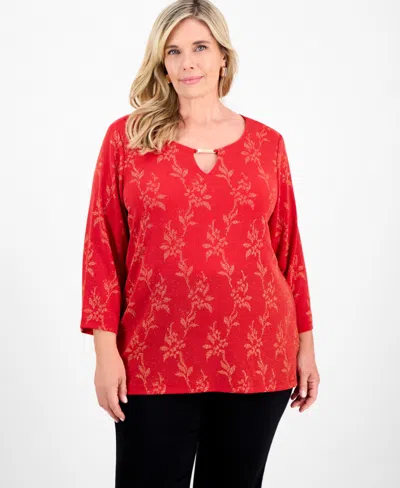 Jm Collection Plus Size Metallic Jacquard 3/4-sleeve Top, Macy's Exclusive In Red