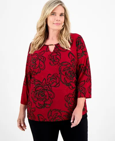 Jm Collection Plus Size Metallic Jacquard 3/4-sleeve Top, Macy's Exclusive In Red