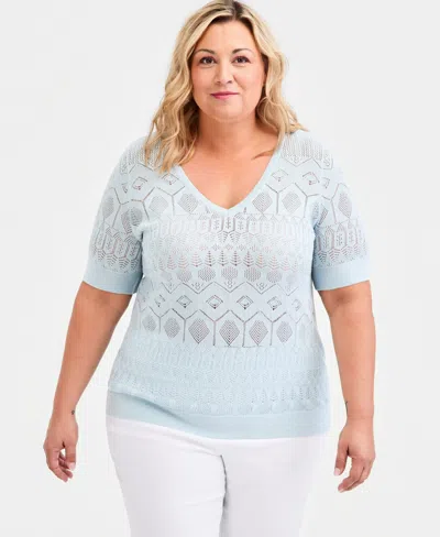 Jm Collection Plus Size Metallic Pointelle Knit Elbow-sleeve Sweater, Macy's Exclusive In Blue