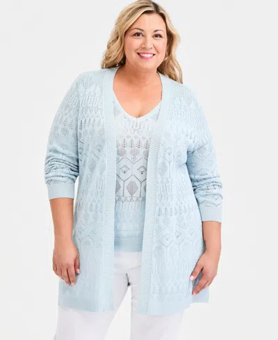 Jm Collection Plus Size Metallic Pointelle Knit Open-front Cardigan, Macy's Exclusive In Blue