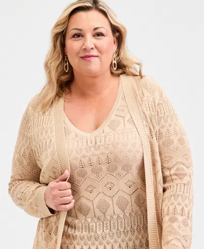 Jm Collection Plus Size Metallic Pointelle Knit Open-front Cardigan, Macy's Exclusive In Neutral