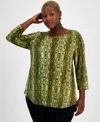 Jm Collection Plus Size Mirrored Python 3/4-sleeve Top, Created For Macy's In Aged Pine Combo