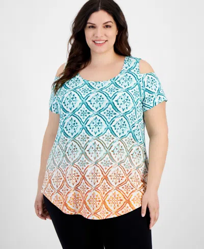 Jm Collection Plus Size Myra Ombre Cold-shoulder Top, Created For Macy's In Mystic Aqua Combo