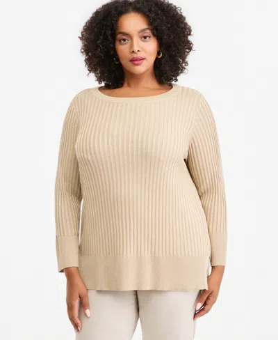 Jm Collection Plus Size Novelty Stitch Lurex Boatneck Long-sleeve Sweater, Macy's Exclusive In Neutral