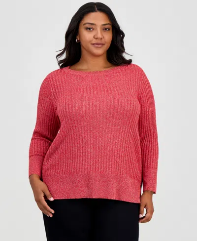 Jm Collection Plus Size Novelty Stitch Lurex Boatneck Long-sleeve Sweater, Macy's Exclusive In Red