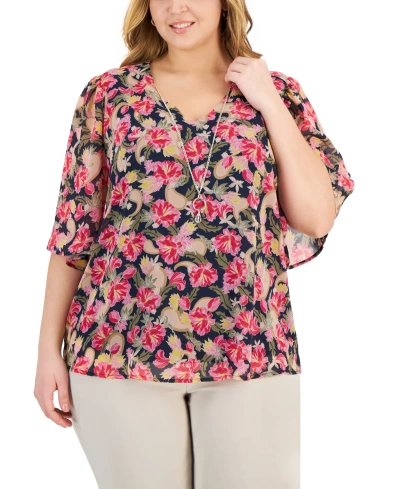Jm Collection Plus Size Oaklyn Floral-print Flutter-sleeve Necklace Top, Created For Macy's In Intrepid Blue Combo
