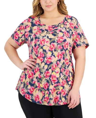 Jm Collection Plus Size Oaklyn Floral-print Short-sleeve Top, Created For Macy's In Intrepid Blue Combo