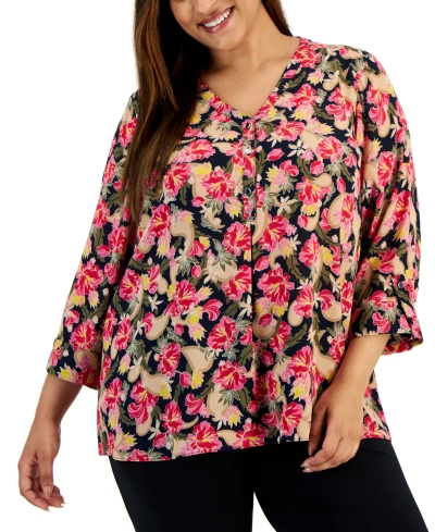 Jm Collection Plus Size Oaklyn Garden Utility Top, Created For Macy's In Intrepid Blue Combo