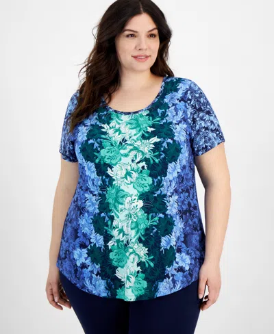 Jm Collection Plus Size Ombre Flora Scoop-neck Top, Created For Macy's In Intrepid Blue Combo