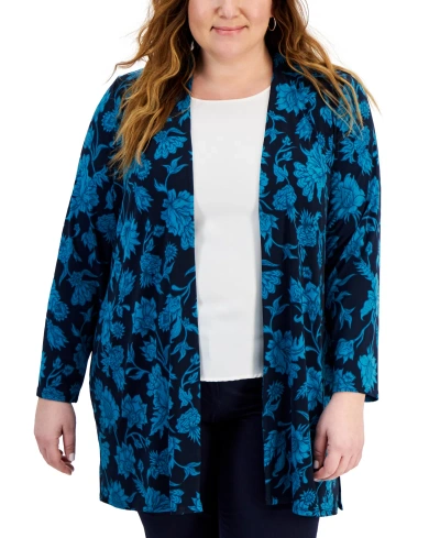 Jm Collection Plus Size Open-front Cardigan, Created For Macy's In Intrepid Blue Combo