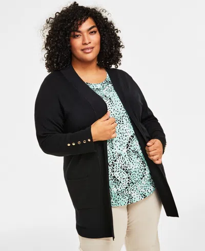 Jm Collection Plus Size Open-front Long-sleeve Cardigan, Exclusively At Macy's In Deep Black