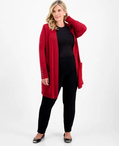 Jm Collection Plus Size Open-front Long-sleeve Cardigan, Exclusively At Macy's In Red