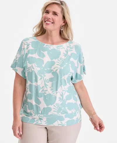 Jm Collection Plus Size Orchid Garden Banded-bottom T-shirt, Macy's Exclusive In Blue