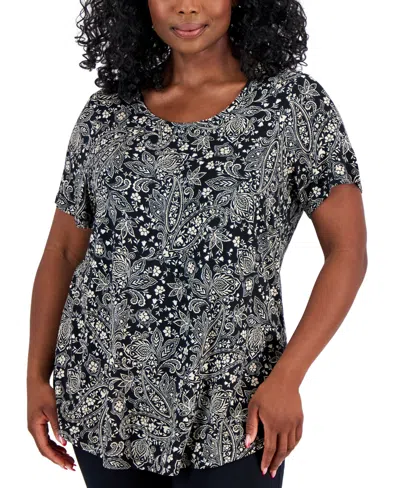 Jm Collection Plus Size Paige Paisley Short-sleeve Top, Created For Macy's In Deep Black Combo
