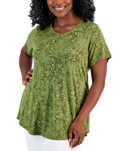 Jm Collection Plus Size Paige Paisley Short-sleeve Top, Created For Macy's In New Avocado Combo