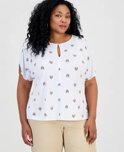 Jm Collection Plus Size Painted Fan Keyhole Dolman-sleeve Top, Macy's Exclusive In White
