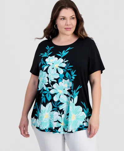 Jm Collection Plus Size Painted Floral Scoop-neck Top, Macy's Exclusive In Black