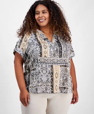 Jm Collection Plus Size Paisley-print Top, Exclusively At Macy's In Deep Black