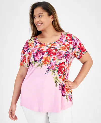 Jm Collection Plus Size Paradise Garden Short-sleeve Top, Created For Macy's In Blossom Berry Combo