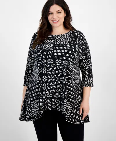 Jm Collection Plus Size Patchwork Paradise Swing Tunic, Created For Macy's In Deep Black Combo
