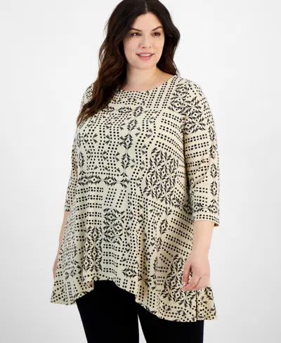 Jm Collection Plus Size Patchwork Paradise Swing Tunic, Created For Macy's In Stone Combo
