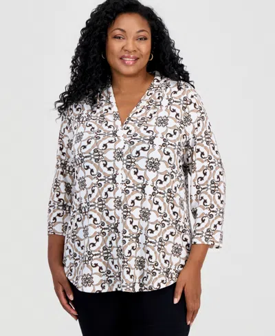 Jm Collection Plus Size Pleated-neck 3/4-sleeve Top, Macy's Exclusive In Multi