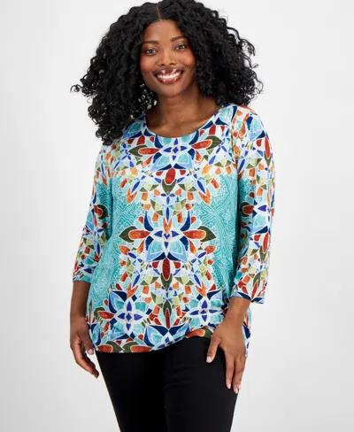 Jm Collection Plus Size Printed 3/4-sleeve Top, Created For Macy's In Amalfi Blue Combo