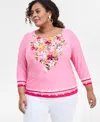 Jm Collection Plus Size Printed 3/4-sleeve Top, Exclusively At Macy's