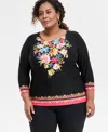 Jm Collection Plus Size Printed 3/4-sleeve Top, Exclusively At Macy's