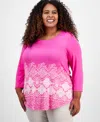 Jm Collection Plus Size Printed 3/4 Sleeve Top, Exclusively At Macy's