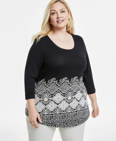 Jm Collection Women's Printed Knit 3/4-sleeve Top, Created For Macy's In Deep Black