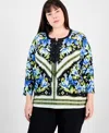 Jm Collection Women's Printed Lace-up 3/4-sleeve Top, Exclusively At Macy's In Deep Black