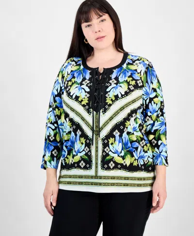 JM COLLECTION PLUS SIZE PRINTED 3/4-SLEEVE TOP, EXCLUSIVELY AT MACY'S