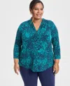 JM COLLECTION PLUS SIZE PRINTED 3/4-SLEEVE TOP, EXCLUSIVELY AT MACY'S