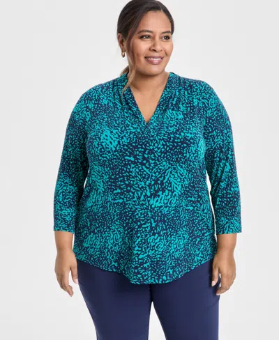 Jm Collection Plus Size Printed 3/4-sleeve Top, Exclusively At Macy's In Intrepid Blue
