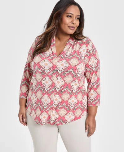 Jm Collection Plus Size Printed 3/4-sleeve Top, Exclusively At Macy's In Pink Royal