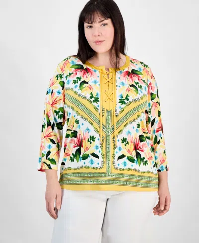 Jm Collection Plus Size Printed 3/4-sleeve Top, Exclusively At Macy's In Sweet Mandarin