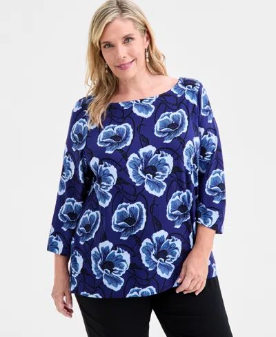 Jm Collection Plus Size Printed 3/4-sleeve Top, Macy's Exclusive In Blue
