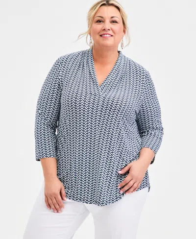 Jm Collection Plus Size Printed 3/4-sleeve Top, Macy's Exclusive In Blue