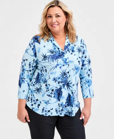Jm Collection Plus Size Printed 3/4-sleeve Top, Macy's Exclusive In Multi