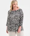 Jm Collection Plus Size Printed 3/4-sleeve Top, Macy's Exclusive In Black