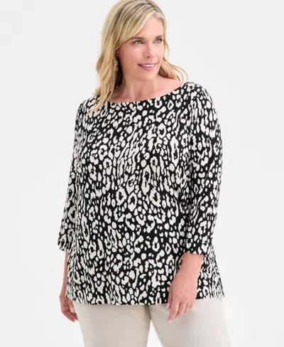 Jm Collection Plus Size Printed 3/4-sleeve Top, Macy's Exclusive In Black