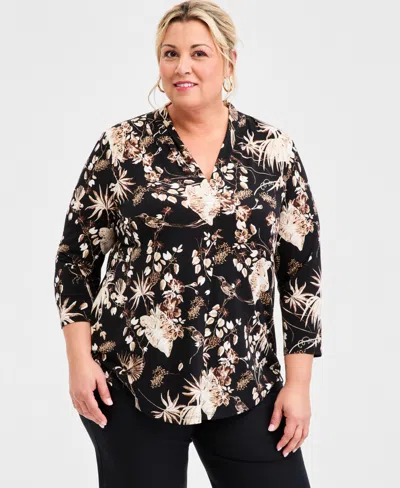 Jm Collection Plus Size Printed 3/4-sleeve Top, Macy's Exclusive In Black