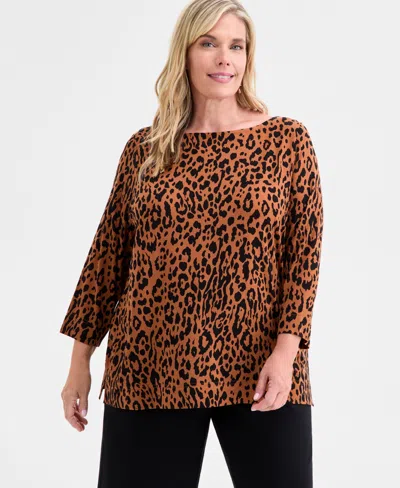 Jm Collection Plus Size Printed 3/4-sleeve Top, Macy's Exclusive In Brown