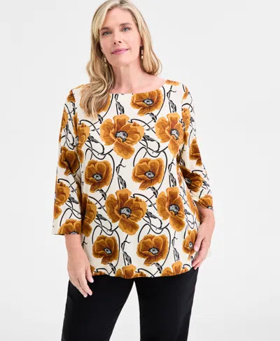Jm Collection Plus Size Printed 3/4-sleeve Top, Macy's Exclusive In Multi
