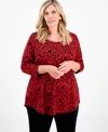 Jm Collection Plus Size Printed 3/4-sleeve Top, Macy's Exclusive In Red