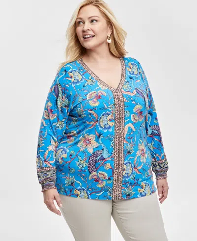 Jm Collection Plus Size Printed Blouson-sleeve Top, Exclusively At Macy's In Indigo Bunt