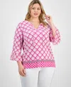 Jm Collection Plus Size Printed Chiffon-sleeve Blouse, Exclusively At Macy's In Pink