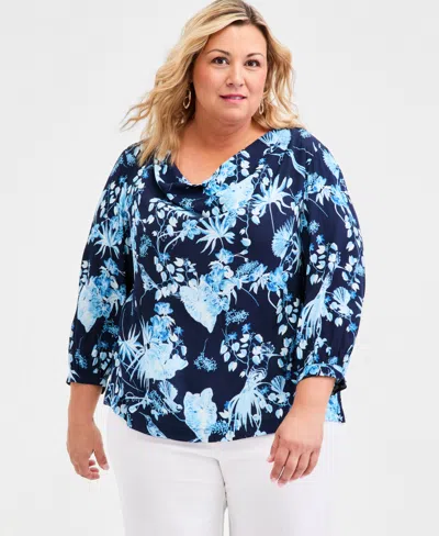 Jm Collection Plus Size Printed Cowlneck Top, Macy's Exclusive In Blue